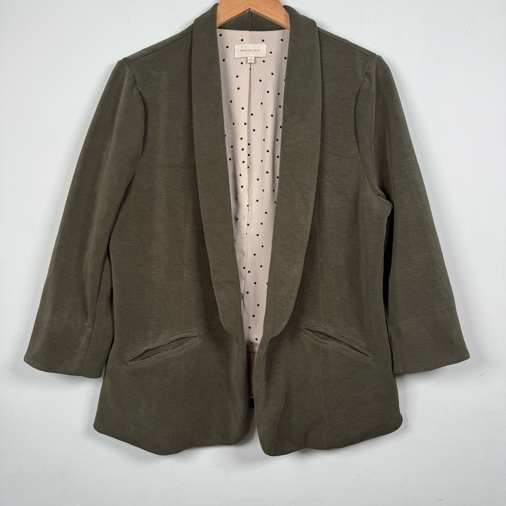 Skies Are Blue Olive Green Open Blazer with Polka Dot Lining